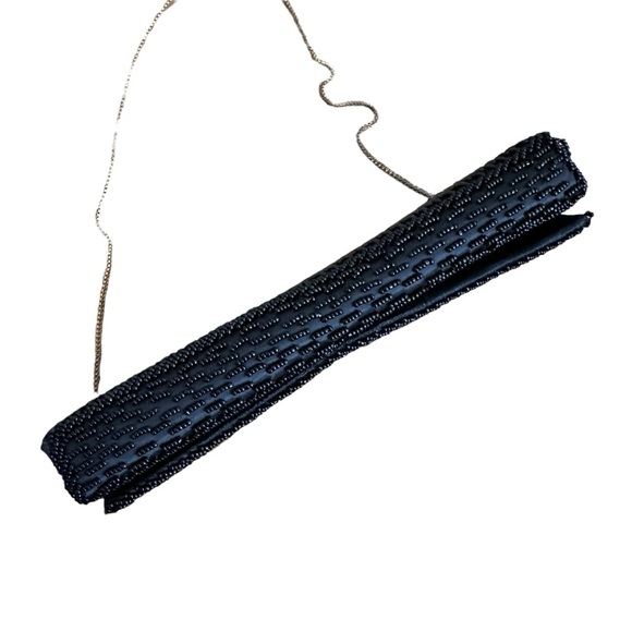 Vintage 1950s Black Beaded Evening Bag Gold Chain Strap, Art Deco Clutch Purse - Picture 6 of 14